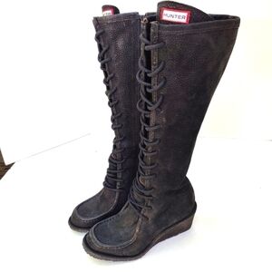 Hunter Black Lace Up Tall Wedge Suede leather tall boots Brazil-Made Sz 5 (RARE)